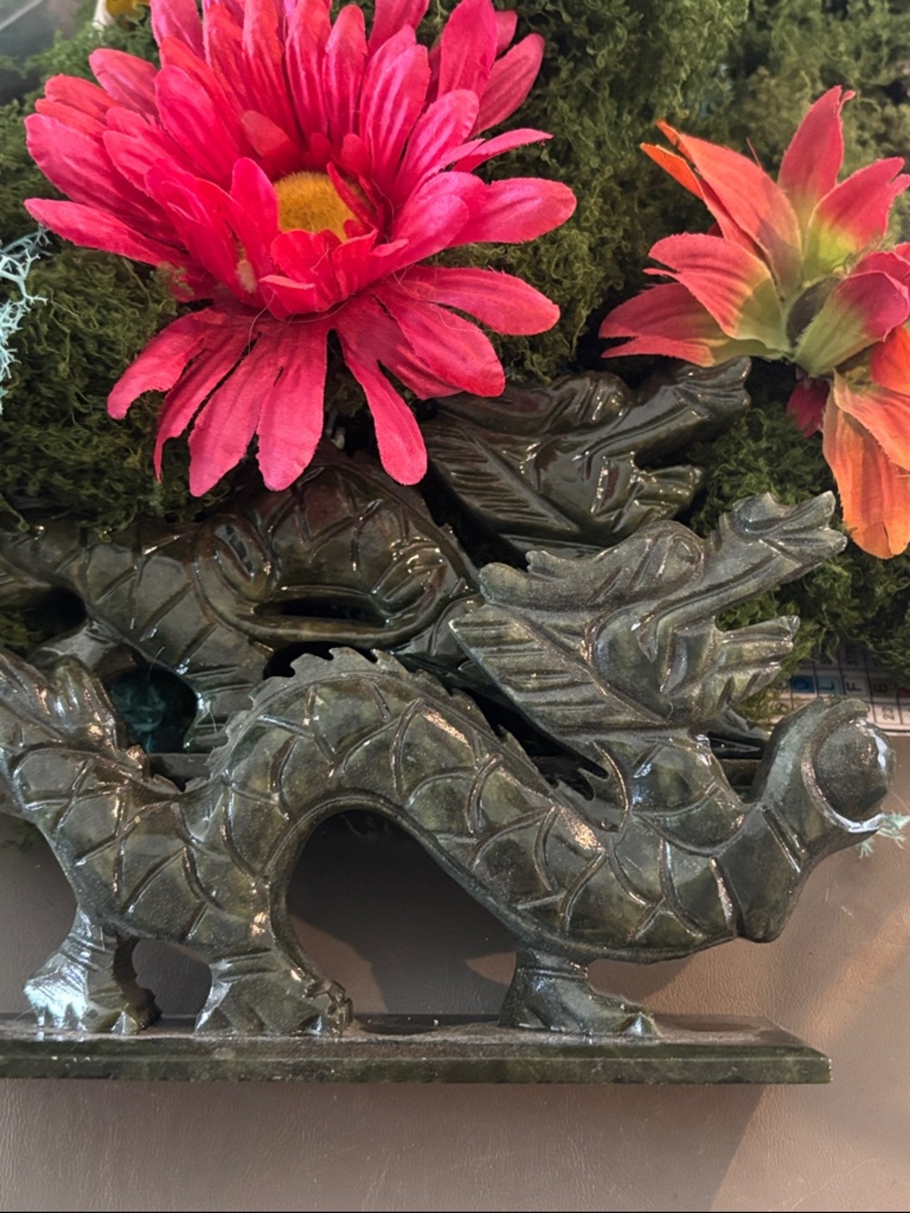 Pair of vintage Carved Green Xiuyan Jade Dragons
